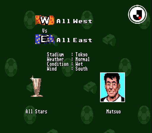 Virtual Soccer (SNES) screenshot: All-Stars Match. Matsuo is the referee.