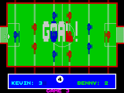 Pub Games (ZX Spectrum) screenshot: Table Football : This is what a goal looks like. Notice the players names have changed