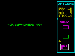 Pub Games (ZX Spectrum) screenshot: Pontoon : Once loaded the game does what any good dealer would do - it spends a minute shuffling the cards