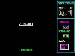 Pub Games (ZX Spectrum) screenshot: Pontoon : The main game screen, Frank to go first