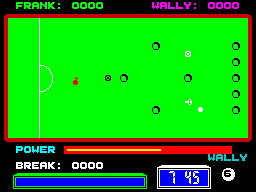 Pub Games (ZX Spectrum) screenshot: Bar Billiards : Just knocked a skittle down, for demonstration purposes only, however that's a foul and it wiped out the massive break I'd scored.