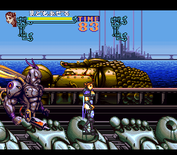 Gourmet Warriors (SNES) screenshot: The second boss can toss around electrical whips or do a punch combo.