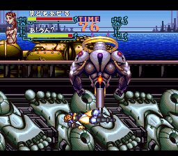Gourmet Warriors (SNES) screenshot: If your character is knocked down the boss can stab them and absorb their health.