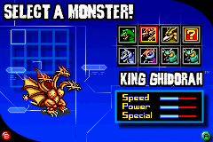 Godzilla: Domination! (Game Boy Advance) screenshot: Choosing a monster-fighter.