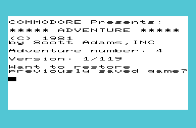Voodoo Castle (VIC-20) screenshot: Welcome to Adventure #4; Continue a previously saved game?