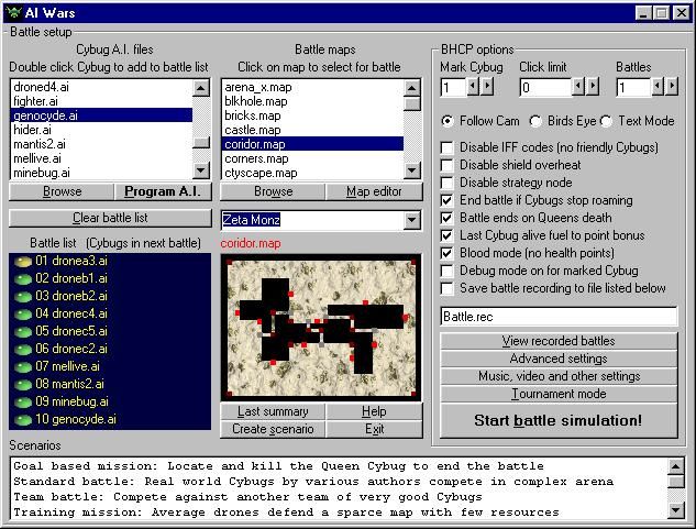 A.I. Wars: The Insect Mind (Windows) screenshot: A.I. Wars main battle setup and design screen. You can see the Coridor map on Zeta Monz is selected along with 10 Cybugs.