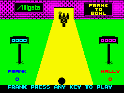 Pub Games (ZX Spectrum) screenshot: Skittles : Start of match. Once a key is pressed the player gets to bowl all their balls consecutively