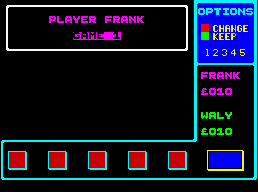 Pub Games (ZX Spectrum) screenshot: Poker: After the shuffle it's Frank to play first - and here's where my version of the program resets itself