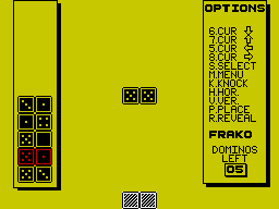 Pub Games (ZX Spectrum) screenshot: Dominoes : Now Player 2 is not looking, Player 1 reveals their tiles and selects one. The selected tile is coloured red.