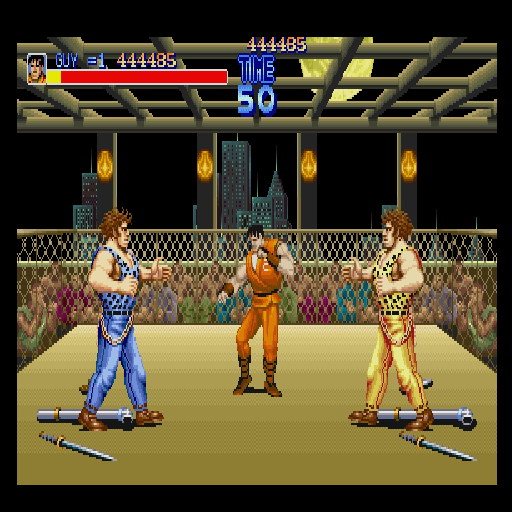 Final Fight (Sharp X68000) screenshot: Some items on the ground for use against big guys