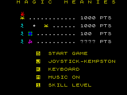 Magic Meanies (ZX Spectrum) screenshot: There's no splash / load screen with this game, The first screen you see gives point value and game configuration options with 'keyboard' and 'music on' preselectted