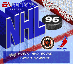 NHL 96 (SNES) screenshot: Title screen with scrolling credits in a box at the bottom