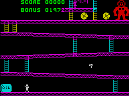 Kong (ZX Spectrum) screenshot: It's all about timing. Race to get up the ladder on the right, race to get the hammer, bash through barrels to the ladder on the left