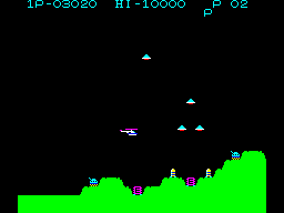 Super Cobra (Casio PV-1000) screenshot: Game in progress - flying over the landscape while keeping an eye on enemies on ground and in the air