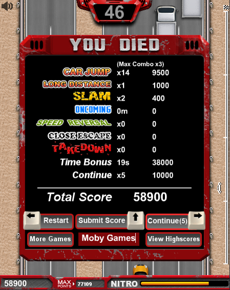 Freeway Fury (Browser) screenshot: You died screen