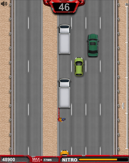 Freeway Fury (Browser) screenshot: The surfing doesn't go so well and we end up dead with our head squashed all over the asphalt