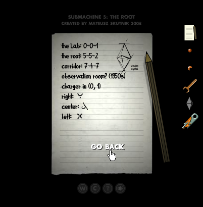 Submachine 5: The Root (Browser) screenshot: This time we don't find any notes from predecessors. The player's notes are made automatically when finding important new things.