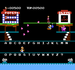 Popeye no Eigo Asobi (NES) screenshot: Olive Oyl dropping hearts that will turn into a hidden word