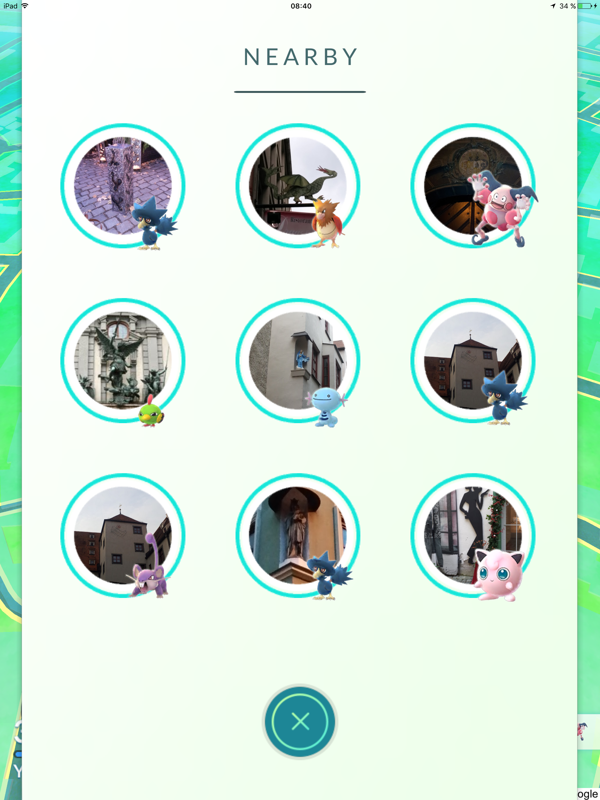Pokémon GO (iPad) screenshot: Looking for nearby Pokémon.