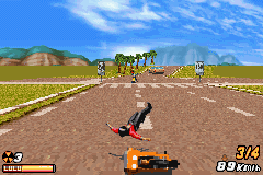 Road Rash: Jailbreak (Game Boy Advance) screenshot: Drove right into a rival's trap and got thrown off the bike