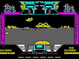 Mach 3 (ZX Spectrum) screenshot: Alien ship ahead. The controls are basic, left/right/up/down and shoot