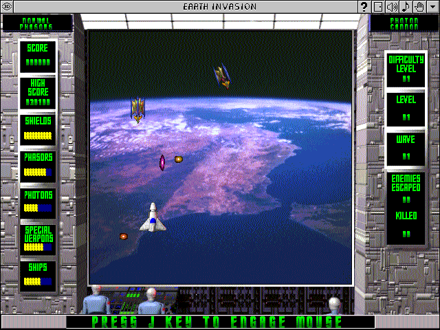 Earth Invasion (Windows 16-bit) screenshot: Shooting at enemies (Earth Orbit Mission)