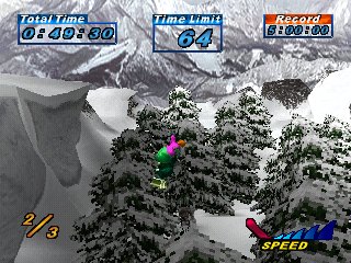 Snowboarding (PlayStation) screenshot: Trees. Watch out.