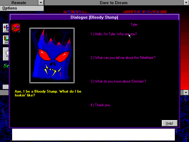 Dare to Dream 3 (Windows 3.x) screenshot: Chatting with the Bloody Stump