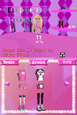 Bratz Forever Diamondz (Nintendo DS) screenshot: Inside the shop, where you can purchase several costumes