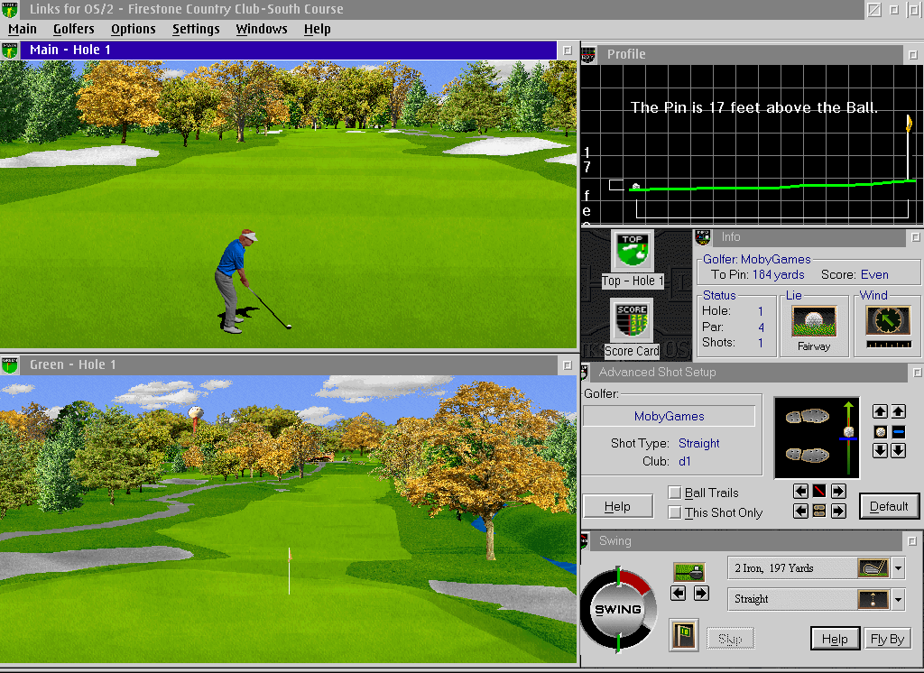 Links OS/2 (OS/2) screenshot: Hole 1 at the tee, with all windows arranged