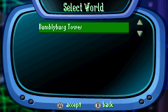 VeggieTales: LarryBoy and the Bad Apple (Game Boy Advance) screenshot: Selecting the world to play. Naturally, at the beginning, there's only world one accessible.
