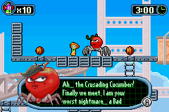 VeggieTales: LarryBoy and the Bad Apple (Game Boy Advance) screenshot: The Bad apple is not too fond of LarryBoy.