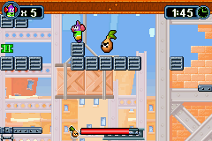 VeggieTales: LarryBoy and the Bad Apple (Game Boy Advance) screenshot: If you touch the onion, you get slowed down until the red bar has run down.