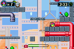 VeggieTales: LarryBoy and the Bad Apple (Game Boy Advance) screenshot: The peas pull back switches if they're not distracted by music.