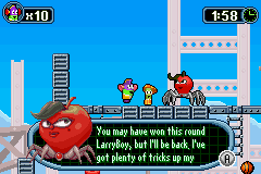 VeggieTales: LarryBoy and the Bad Apple (Game Boy Advance) screenshot: "I'll be back!!!"