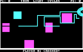 Tron Light Cycles (DOS) screenshot: One light-cyclist slams into the wall.