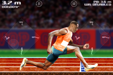 QWOP (iPhone) screenshot: Agonizingly creeping past my previous all-time record of nearly 4 metres...