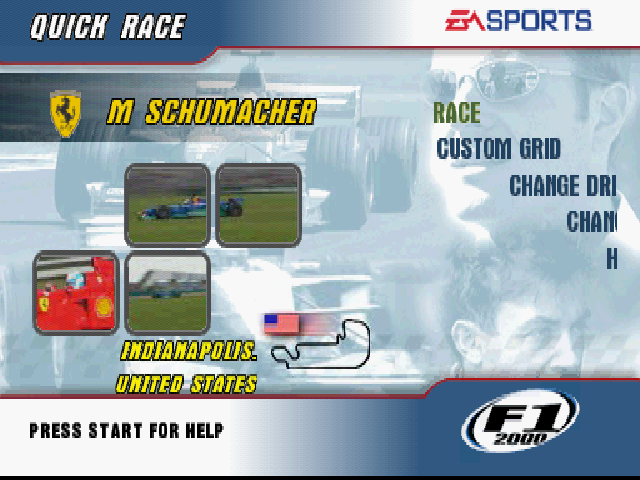 F1 2000 (PlayStation) screenshot: The main menu has mini-clips from actual F1 races.