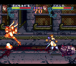 Gourmet Warriors (SNES) screenshot: Catching fire will force any character to run wildly, potentially touching other characters and setting them on fire too.