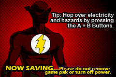 Justice League Heroes: The Flash (Game Boy Advance) screenshot: The "saving game" screen also gives some tips.