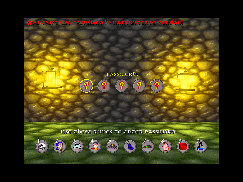 Brave Dwarves (Windows) screenshot: A password screen to load a save game - only for registered version.