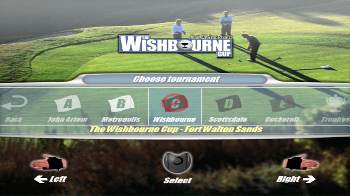 Real World Golf (Windows) screenshot: Tournament selection<br>Not all tournaments are available at the start of the game, they must be unlocked by completing earlier levels