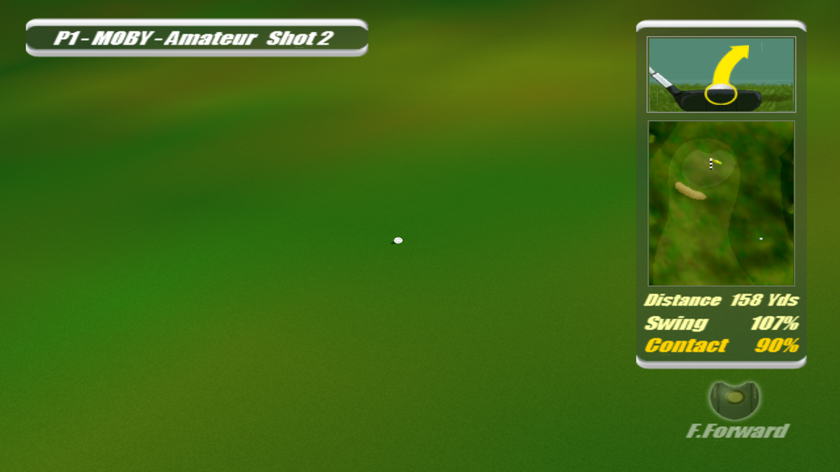 Real World Golf (Windows) screenshot: This shows a ball landing and rolling along the fairway. The box in the upper right shows that the shot was not hit cleanly and it swerved to the right