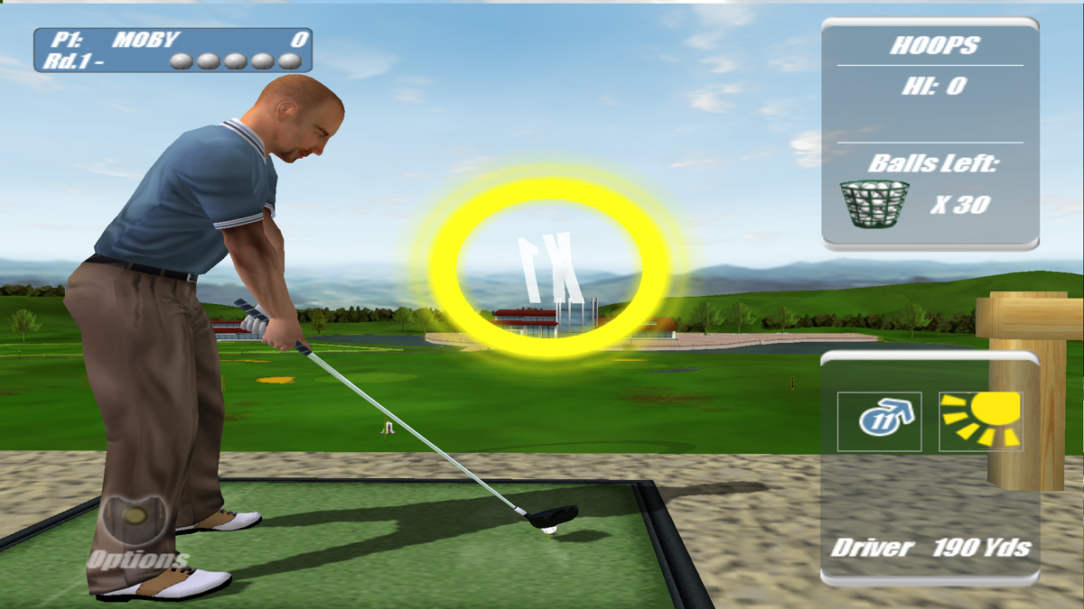 Real World Golf (Windows) screenshot: The game of Hoops<br>Played over five rounds with three sizes of hoop and multiple hoops in the final rounds. In the mini games the ball leaves a pretty sparkly comet-like trail