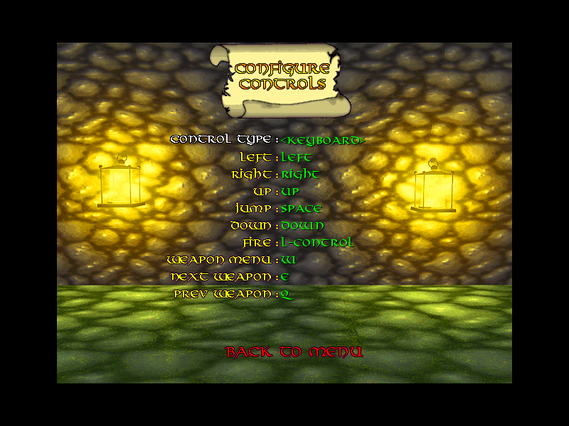 Brave Dwarves (Windows) screenshot: Keyboard controls - can be modified. There is also a similar Joystick control setting menu.