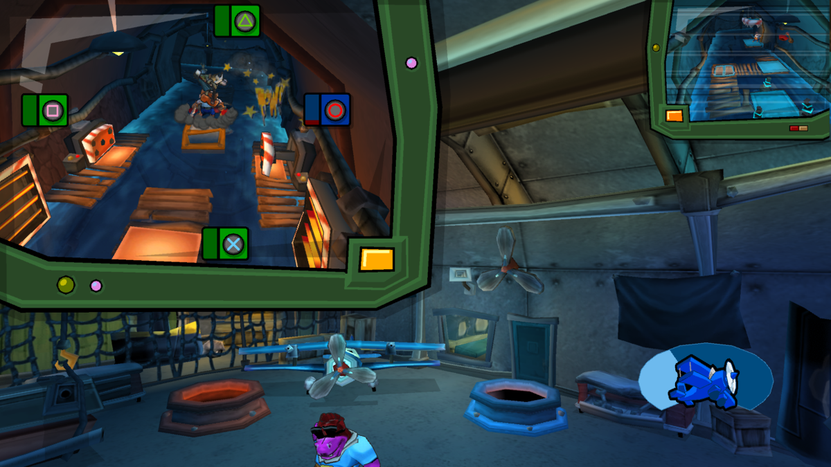 Sly 3: Honor Among Thieves (PlayStation 3) screenshot: Protecting the hangar by activating traps, alternating between the two cameras