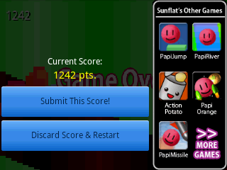 SFCave (Android) screenshot: After the game is over I can choose to submit my score