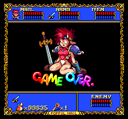 Popful Mail (TurboGrafx CD) screenshot: Game Over with leotard-clad Mail