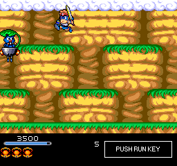 Chiki Chiki Boys (TurboGrafx CD) screenshot: Fighting a pesky flying guy in a mountain scenery
