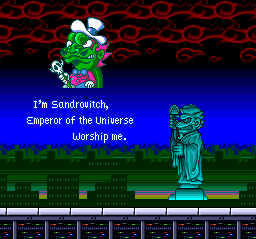 Super Air Zonk: Rockabilly-Paradise (TurboGrafx CD) screenshot: Emperor of the universe is called SANDROVITCH?.. What next? Supreme lord of humanity COHEN?..